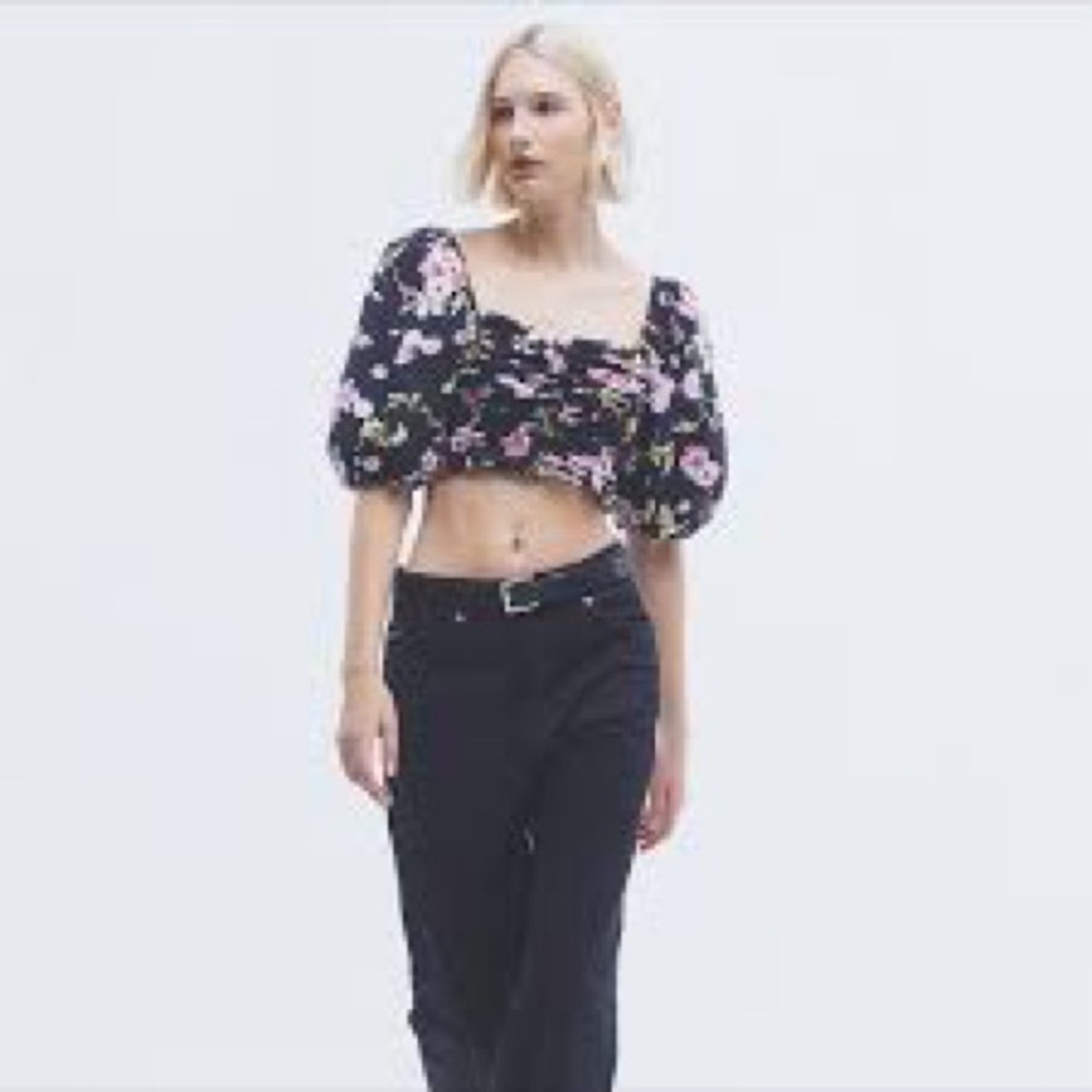 H&M Black Floral Puff Sleeve Crop Top
